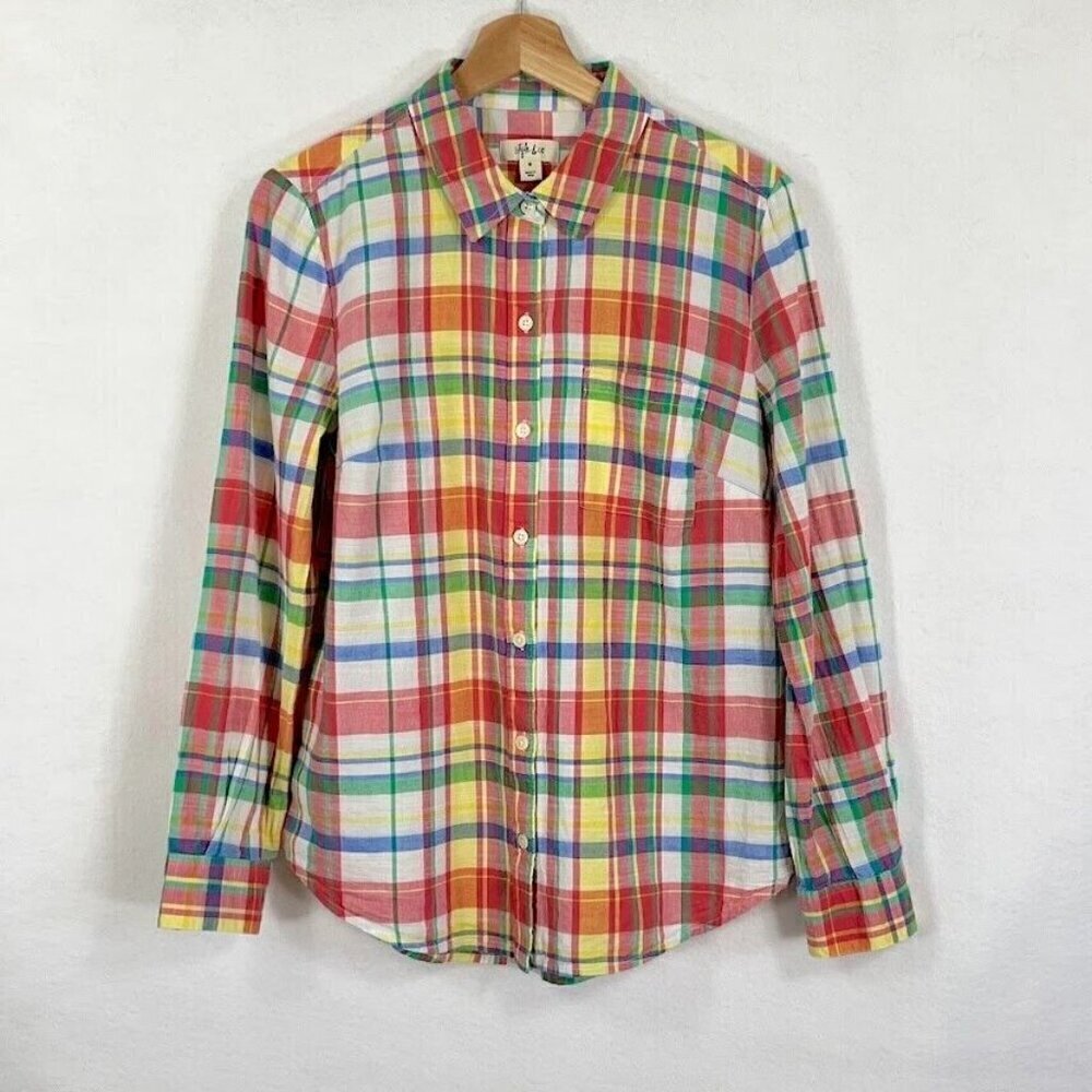 Style & Co Button Up Shirt Long Sleeve Plaid Lightweight Cotton Preppy Spring M